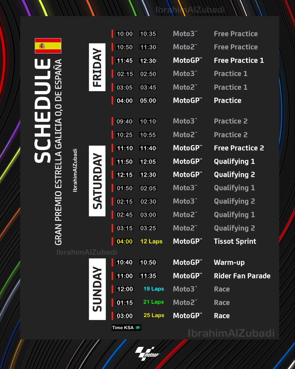جدول مواعيد جائزة إسبانيا الكبرى ضمن الجولة الرابعة لبطولة العالم للدراجات النارية #MotoGP لموسم 2024 على حلبة خيريز • منقوله على قناة SSC 2 • جميع الأوقات بتوقيت السعودية 🇸🇦 #Moto3 #Moto2 #SpanishGP #TissotSprint 🇪🇸