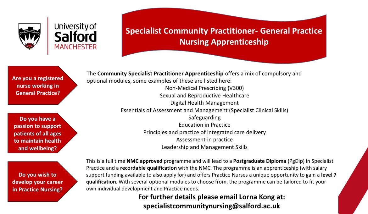 The University of Salford is now recruiting for the Specialist Community Practitioner apprenticeship- General Practice Nursing,
September 2024 start. Salary support funding also available to apply for. Contact us to find out more!
<a href="/SalfordUni/">University of Salford</a> <a href="/GM_PCB/">Greater Manchester Primary Care Provider Board</a> <a href="/PrimaryCareGM/">Greater Manchester Primary Care Careers</a>