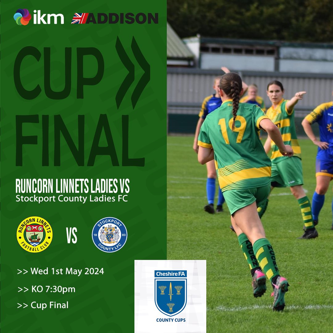 LinnetsLadiesFC's tweet photo. ⚽️🤩 Making history in our first ever Cheshire FA County Cup FINAL!! 

📅 Wed 1st May @ 7:30pm
🆚 @stockportcountylfc 
🏆 Cheshire FA County Cup Final
🏟️ Optimum Pay Stadium, Nantwich Town FC, Reaseheath Way, CW5 5BS

Come down and show your support 💛💚Home kit by @IKMConsulting https://t.co/XMy8qpkqGP