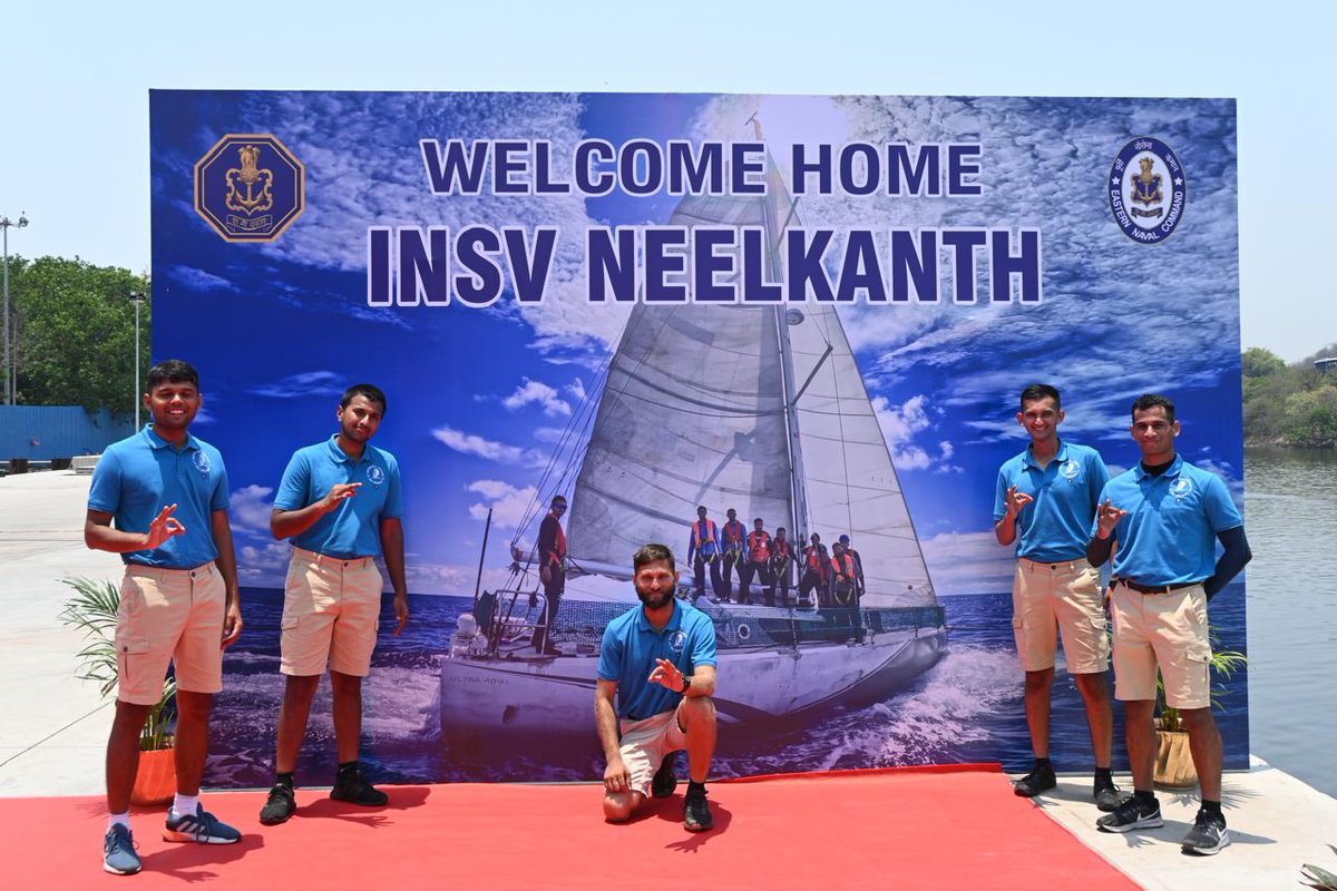 #INSV_Neelkanth, the winner of the Inter Command Ocean Sailing Race 2023, has a new home in #Visakhapatnam to promote watermanship & adventure sailing in @IN_HQENC. The sailing vessel was welcomed by RAdm M Murali Mohan Raju, NM, CSO (P&A) ENC today.