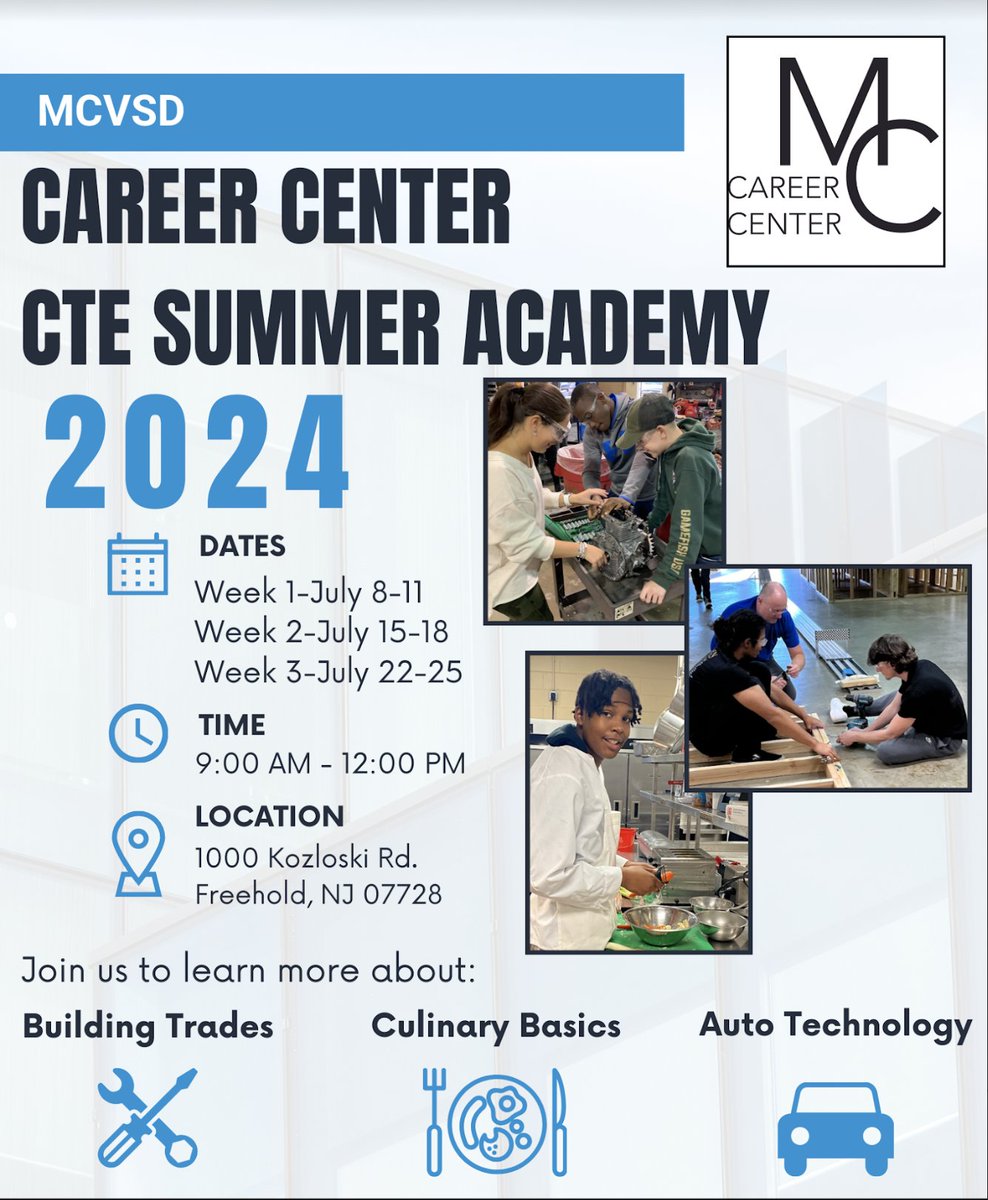 MCVSD is super excited to offer FREE exploratory CTE summer programs to rising 7th-9th graders at our Career Center. Registration will close as soon as the programs are full! @Mc3Network @NewJerseyDOE @CareerTechNJ @cford @tomevancho @CareerMcvsd Apply here:…