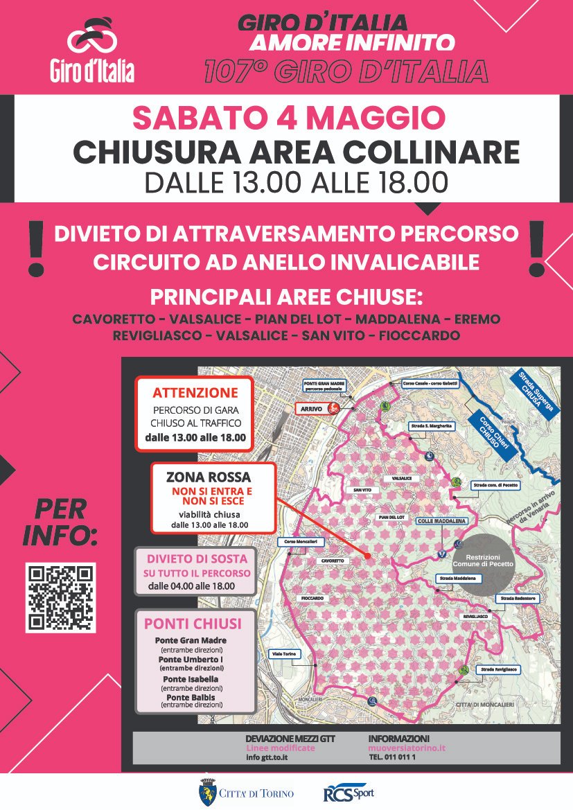 🚴‍♀️ Sabato 4 maggio la Città di Torino ospiterà la tappa inaugurale del 107° Giro d'Italia. ℹ️ Informazioni sul percorso di gara cittadino, sulle modifiche alla circolazione e le variazioni previste al trasporto pubblico su: comune.torino.it/vigiliurbani/2… #torinotheplacetobe #torino