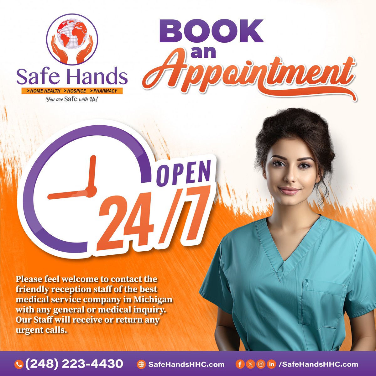Your health can't wait, so why should you? 🕒 Our doors are open 24/7 to give you the care you need, when you need it. Book an appointment anytime!

Feel free to contact us now: +1 (248) 223-4430
or
Visit us: safehandshhc.com

#AlwaysOpen #24hrCare #SafeHandsHHC #Michigan