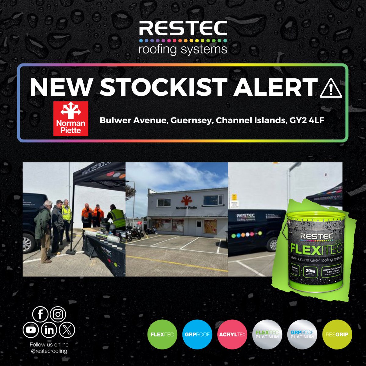 RestecRoofing's tweet photo. ⚠️ 𝗡𝗲𝘄 𝗦𝘁𝗼𝗰𝗸𝗶𝘀𝘁 𝗔𝗹𝗲𝗿𝘁 ⚠️

We're pleased to announce that Norman Piette Ltd in Guernsey are now stocking Flexitec!

#Flatroofing #Liquidroofing #flexitec https://t.co/gvHverKiVy