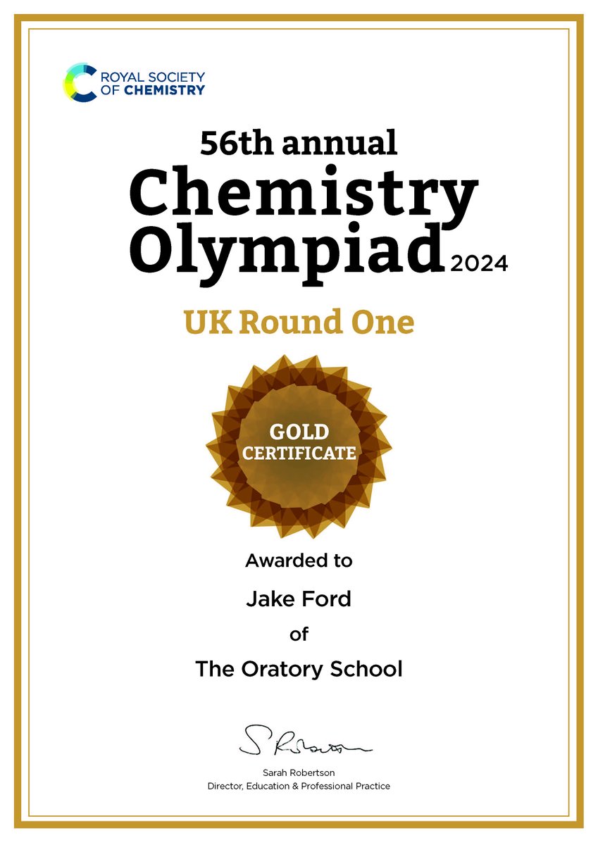 oratoryschool's tweet photo. Congratulations to Jake in U6th Form who has achieved the highest possible award of Gold in the 56th #Chemistry Olympiad! This is a very challenging competition with only 8% of candidates awarded this level! 🤩👏 #OratoryEndeavour #OratoryAcademic #OratoryScience @RoySocChem https://t.co/5dEk3WE3zX
