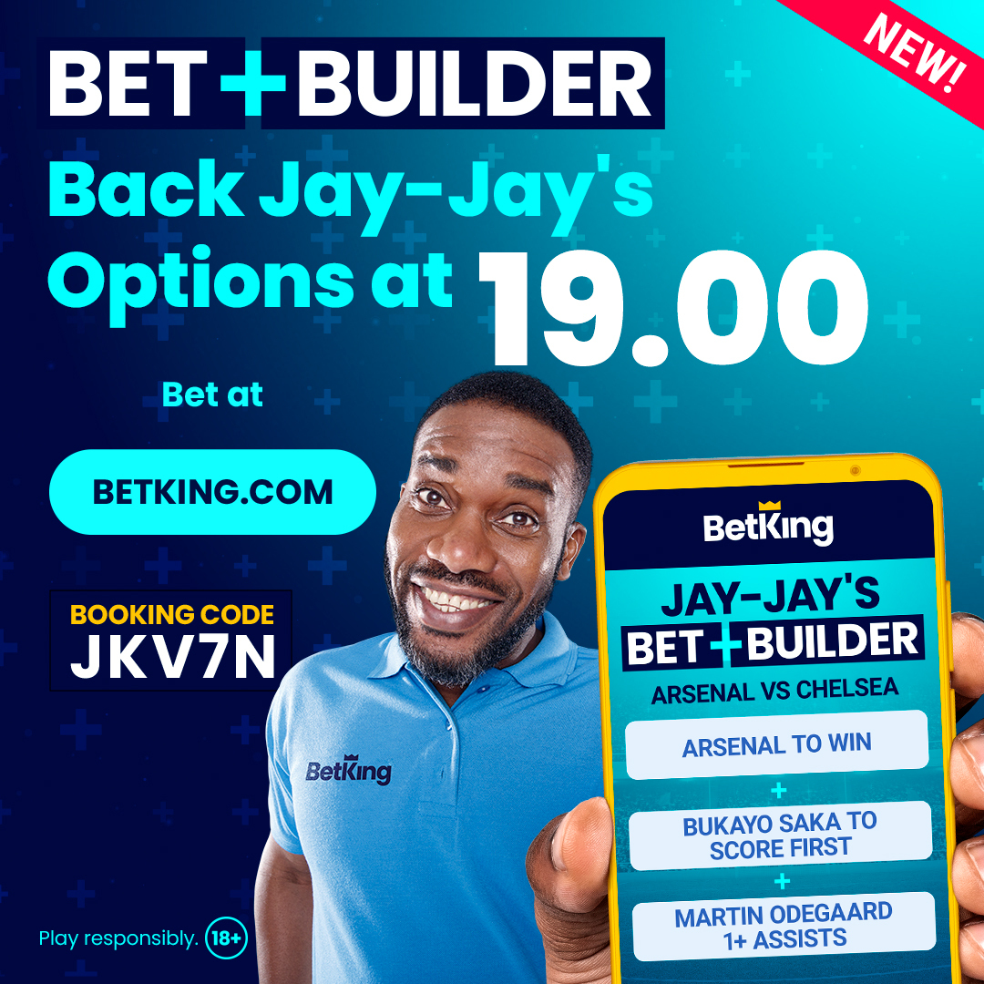 The big one tonight! Arsenal vs Chelsea. Back Jay Jay's Bet Builder options of Arsenal to win, Saka to score first and Odegaard to have 1+ assists at a whooping 19 odds. Use booking cide JKV7N to bet now at betking.com #ThatFeeling #BetKing