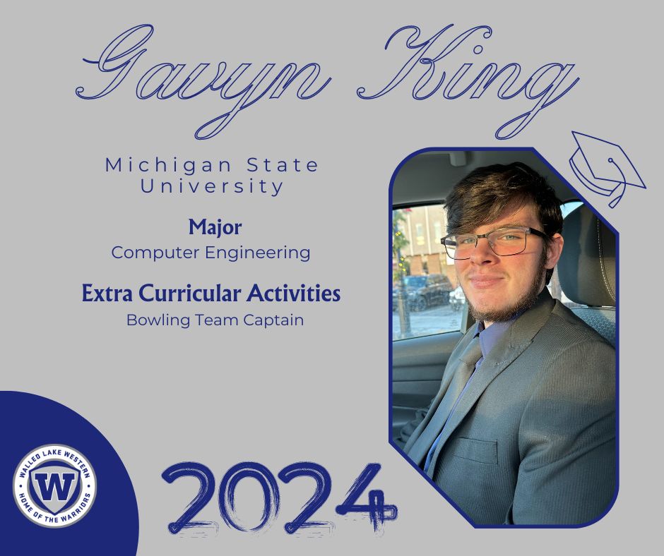 Congratulations to Walled Lake Western's Gavyn King, who will be studying computer engineering at Michigan State University in the fall! 🎓 #WEareWLCSD @WLWWARRIORS 

Nominate a member of the 2024 Class for a Senior Shout Out ➡ forms.gle/dRDfEgSJHKQfiu…
