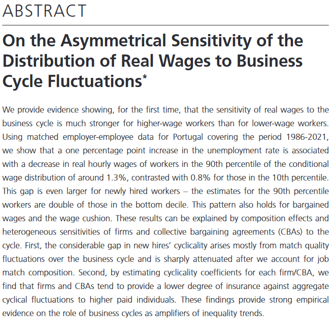 🚨New working paper!!! 🚨 We provide evidence showing that real wage cyclicality is much stronger for higher-wage works than for lower-wage workers. Joint with Pedro Portugal (Banco de Portugal, Nova SBE) and Eduardo Costa (CEGIST) 🧵 #EconTwitter