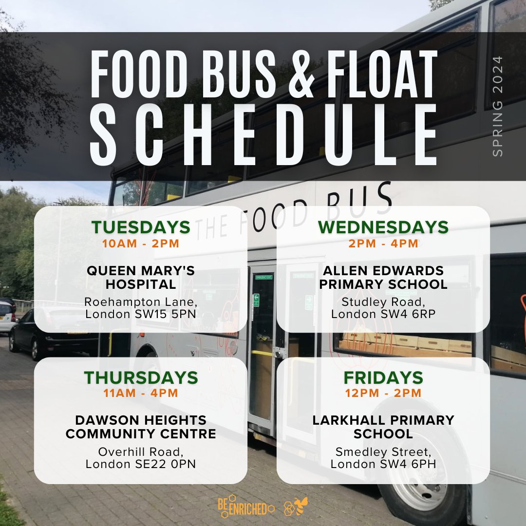 🚌🍏 Explore affordable produce options on our Food Bus and Float! 🍓🥕 Check out the schedule for convenient stops near you this season!

#AffordableEating #FoodBus #FoodFloat #Grocery #Tooting #Stockwell #Kennington #Roehampton #Wandsworth #Lambeth