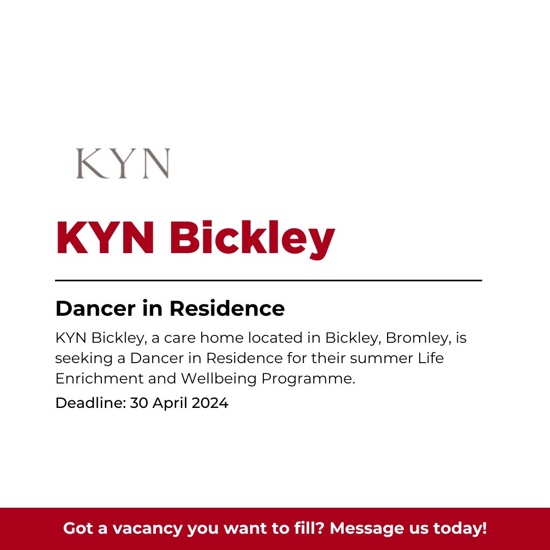 New Job! KYN Bickley Job role: Dancer in Residence KYN Bickley, a care home located in Bickley, Bromley, is seeking a Dancer in Residence for their summer Life Enrichment and Wellbeing Programme. Click this link to find out more about this job role: shorturl.at/fEUVY