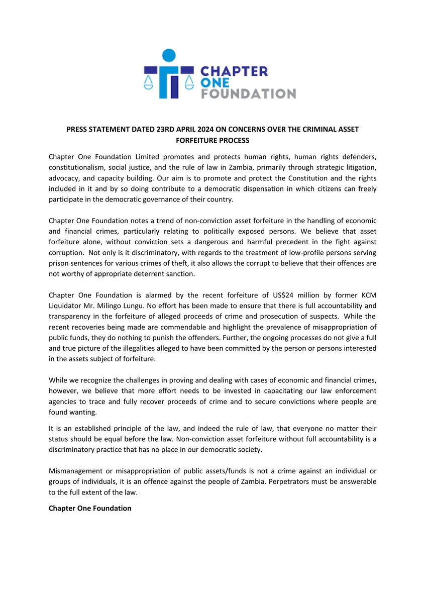 Everyone should be equal before the law, regardless of status. And yet, there is an apparent lack of transparency and accountability in how the process of non-conviction criminal asset forfeiture operates in Zambia. @CofZambia expresses concern with this growing trend.