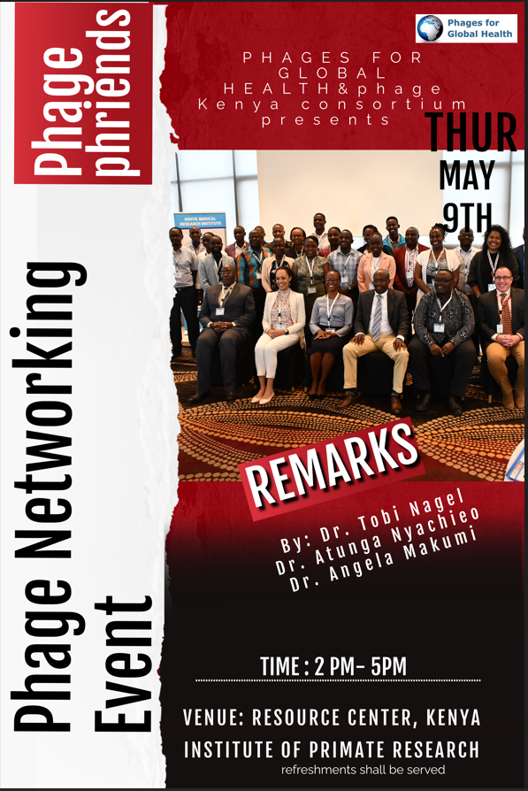 Its time to meet your Phage Phriends in Person
Join us on 9th May, @primateresearch to have more interactions with phage researchers/enthusiasts across #Kenya
In attendance:Dr. Tobi @PhagesforGH,@DrAtunga @AngelaMakumi, Dr. Musila (@KEMRI_Kenya), @MutaiIvy et al. See you there!😇