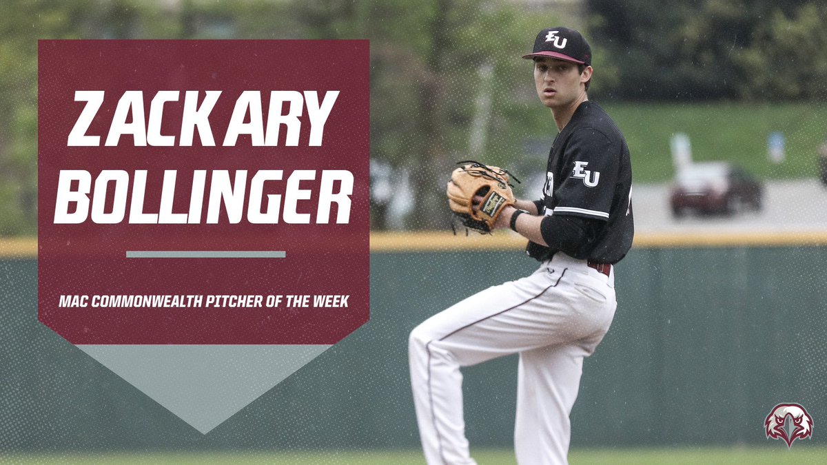 Congratulations to Zackary Bollinger on being named the MAC Commonwealth Pitcher of the Week for his efforts this weekend! Zack got the Save in game 1 on Friday, then came back to throw 4 more shutout innings to complete the series sweep and get the Win in game 3. #FlyWithUs