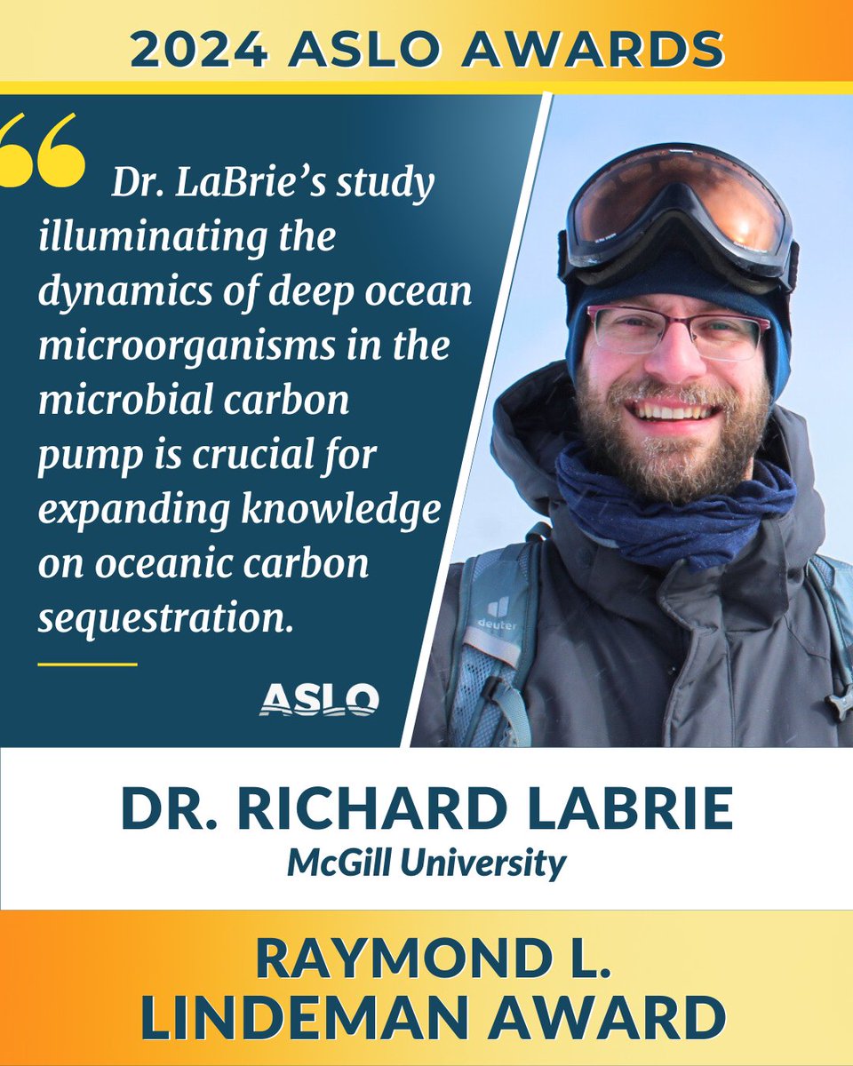 🏆 Congratulations to Dr. Richard LaBrie for receiving the 2024 #ASLO Raymond L. Lindeman Award for his 2022 paper highlighting how microbial communities influence carbon exchange between oceans and the atmosphere. aslo.org/aslo-awards/20… 📖 science.org/doi/10.1126/sc… @Carbon_Rich