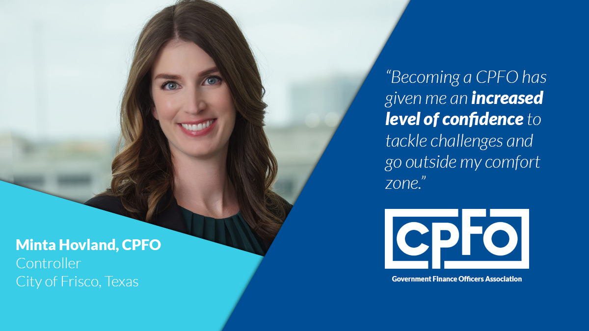 Congratulations to Minta Hovland who recently earned the CPFO designation! Minta began her CPFO journey looking to expand her knowledge base and further develop herself as a well-rounded public finance professional. Learn more: gfoa.org/cpfo-spotlight… #GFOA #localgov #leadership