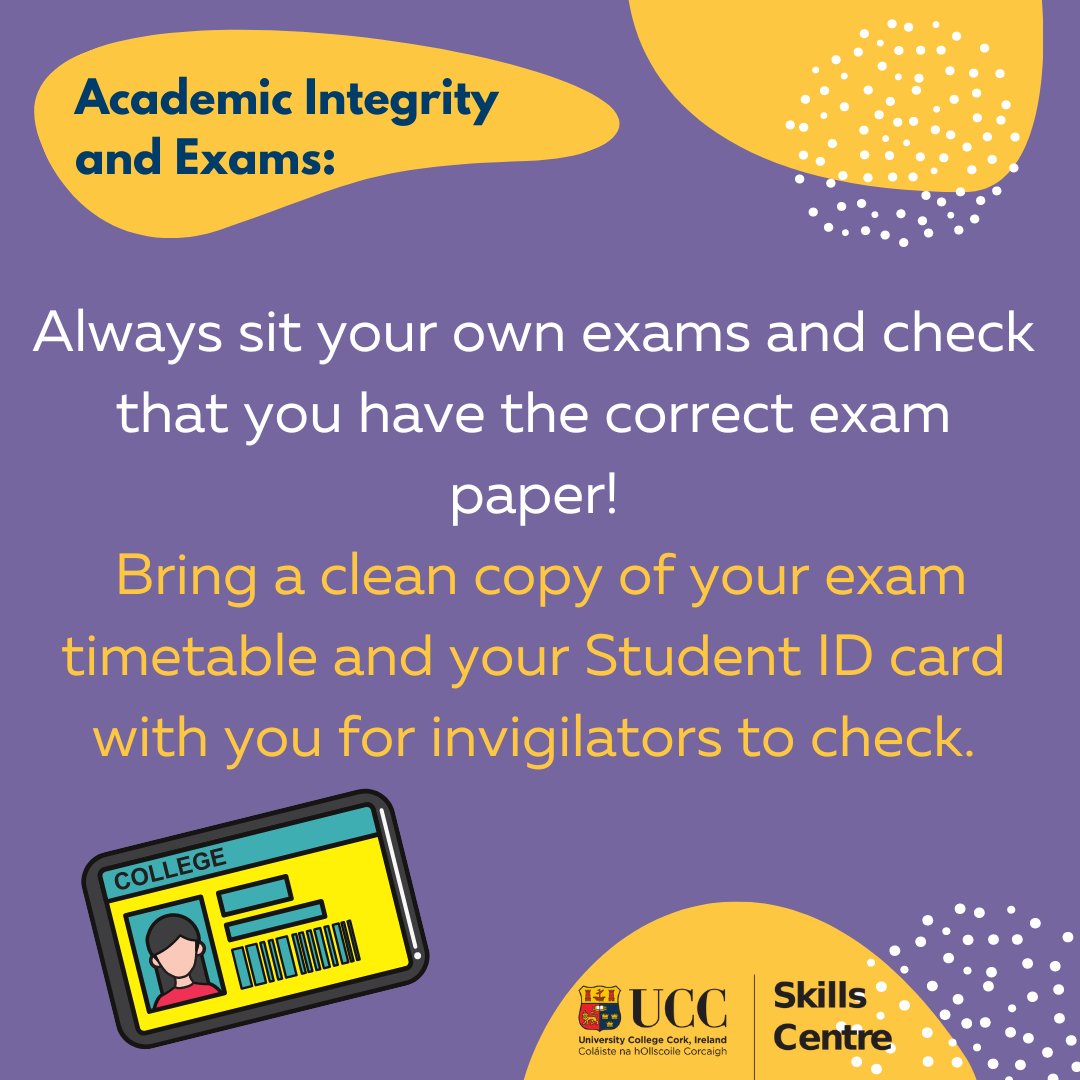 Remember to bring a clean copy of your exam timetable and your student ID card with you to your exams for the invigilator to check. Make sure that you are in the correct place and have the correct paper. Best of luck in your exams!