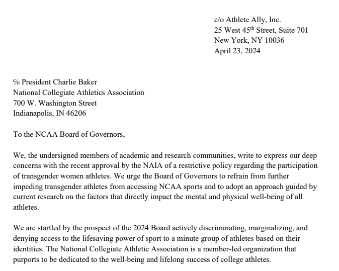 We 300+ academics and researchers urge the @NCAA to refrain from further impeding transgender athletes from accessing NCAA sports by discriminating against and marginalizing this minute group of athletes based on their identities. athleteally.org/open-letter-nc…