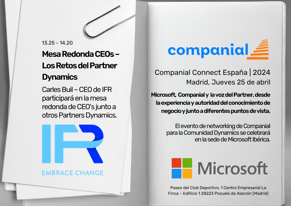 👔 IFR NETWORKING | 💣 #CompanialConnect España 2024 | 📌 25 de Abril en Madrid - Sede de Microsoft ➡ Este jueves, se celebrará el Evento de #CompanialEspaña para #PartnersDynamics
📑 El #CEO de @IFR_Group Carles Buil está en la Agenda🔘 companial.com/es/proximos-ev… #MicrosoftPartner