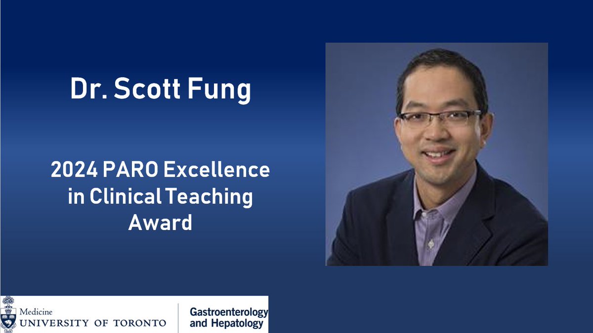 Dr. Scott Fung from the Toronto Center for Liver Disease has been honored by his @GIMtoronto resident colleagues for the 2024 PARO Excellence in Clinical Teaching Award, in recognition for his commitment to procedural instruction around liver disease Congrats to Dr. Fung!!!!