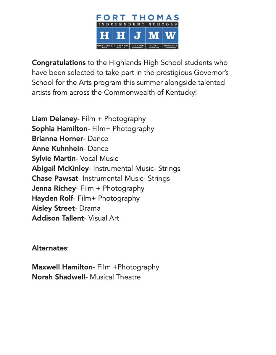 Congratulations to the @FTHighlandsHS students who have been selected to take part in the prestigious Governor’s School for the Arts program alongside talented artists from across the Commonwealth of Kentucky. @FTSUPT @Jodar42