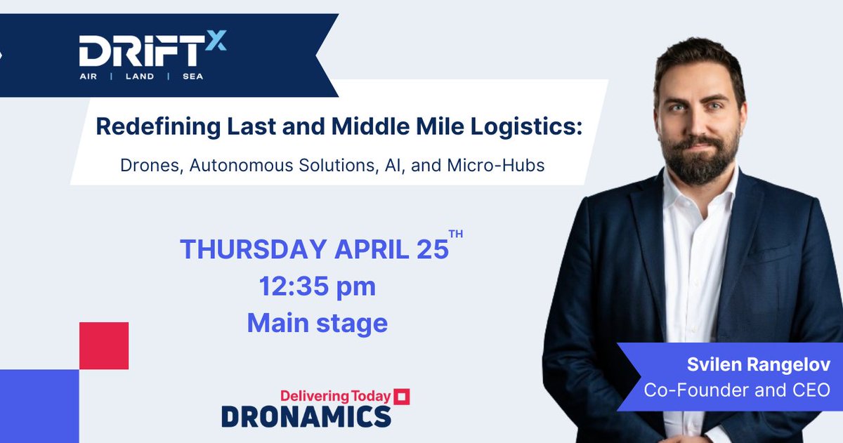 ✈️Next stop: @Driftx_ad air land sea/Abu Dhabi/YAS Marina
📅25th April/12:35 pm
🔊Don't miss our CEO Svilen Rangelov's panel on the main stage as he delves into the future of middle mile logistics.

#dronamics #cargodrones #middlemilelogistics #driftx