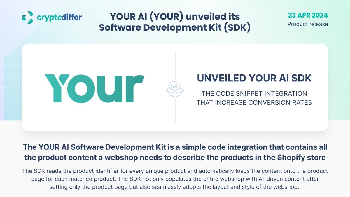 ❗️@Yourtokens $YOUR has unveiled its Software Development Kit (SDK)

The YOUR #AI Software Development Kit #SDK is a simple code integration that contains all the product content a #webshop needs to describe the products in the @Shopify store.

👉 medium.com/@youraiprotoco…