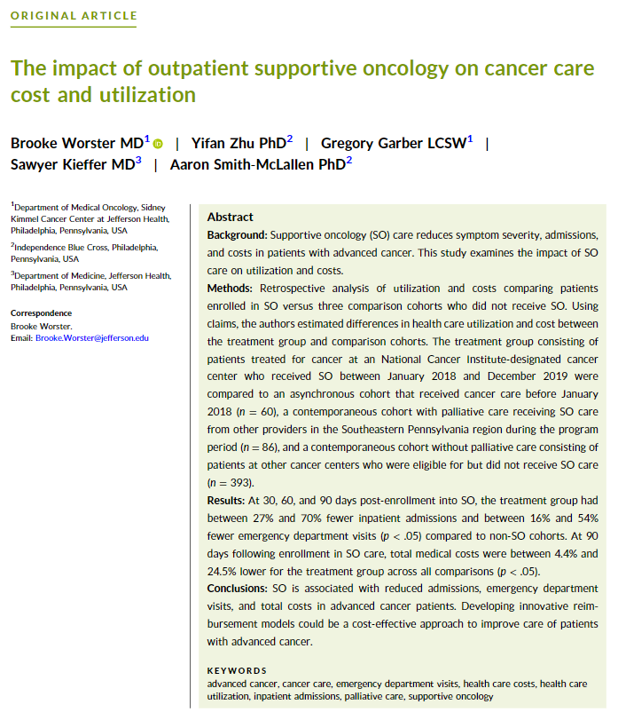 A new study from @BrookeWorster et al reveals that #SupportiveOncology is associated with reduced admissions, emergency department visits, and total costs in advanced cancer patients. Read the #OpenAccess report: acsjournals.onlinelibrary.wiley.com/doi/10.1002/cn… @OncoAlert @SchenkerYael #PallOnc