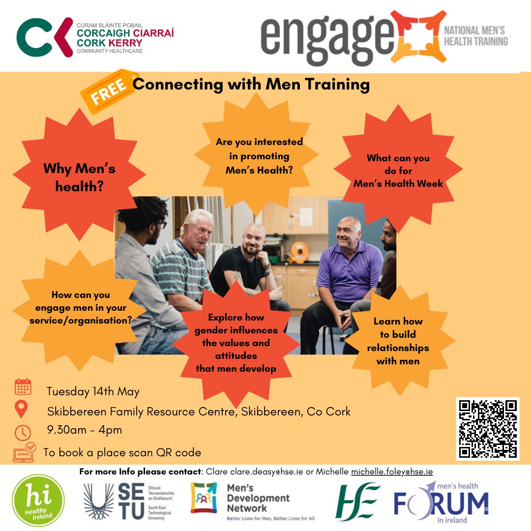 ENGAGE Connecting with Men is a 1-day workshop delivered by Health Promotion & Improvement. Register for the Skibbereen course here ➡️ bit.ly/3JffImP @corkcoco @HealthyIreland @HSELive @HSEHealthW @thewcdp