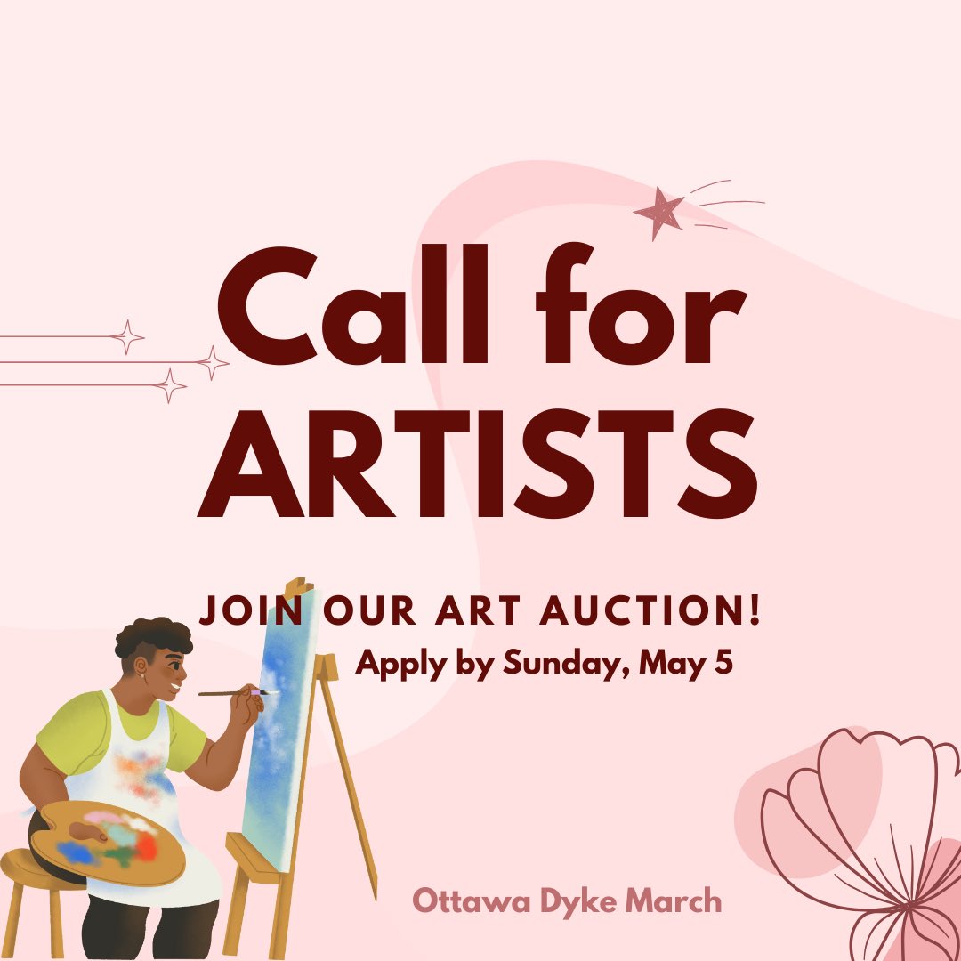 Ottawadykemarch's tweet photo. ✨Call for artists! ✨

We're seeking dyke identified or allied artists to partake in our annual Art Auction to raise funds for the Ottawa Dyke March 2024. Apply today through the link in our bio! Deadline to apply is Sunday, May 5. https://t.co/qN93b60vZS