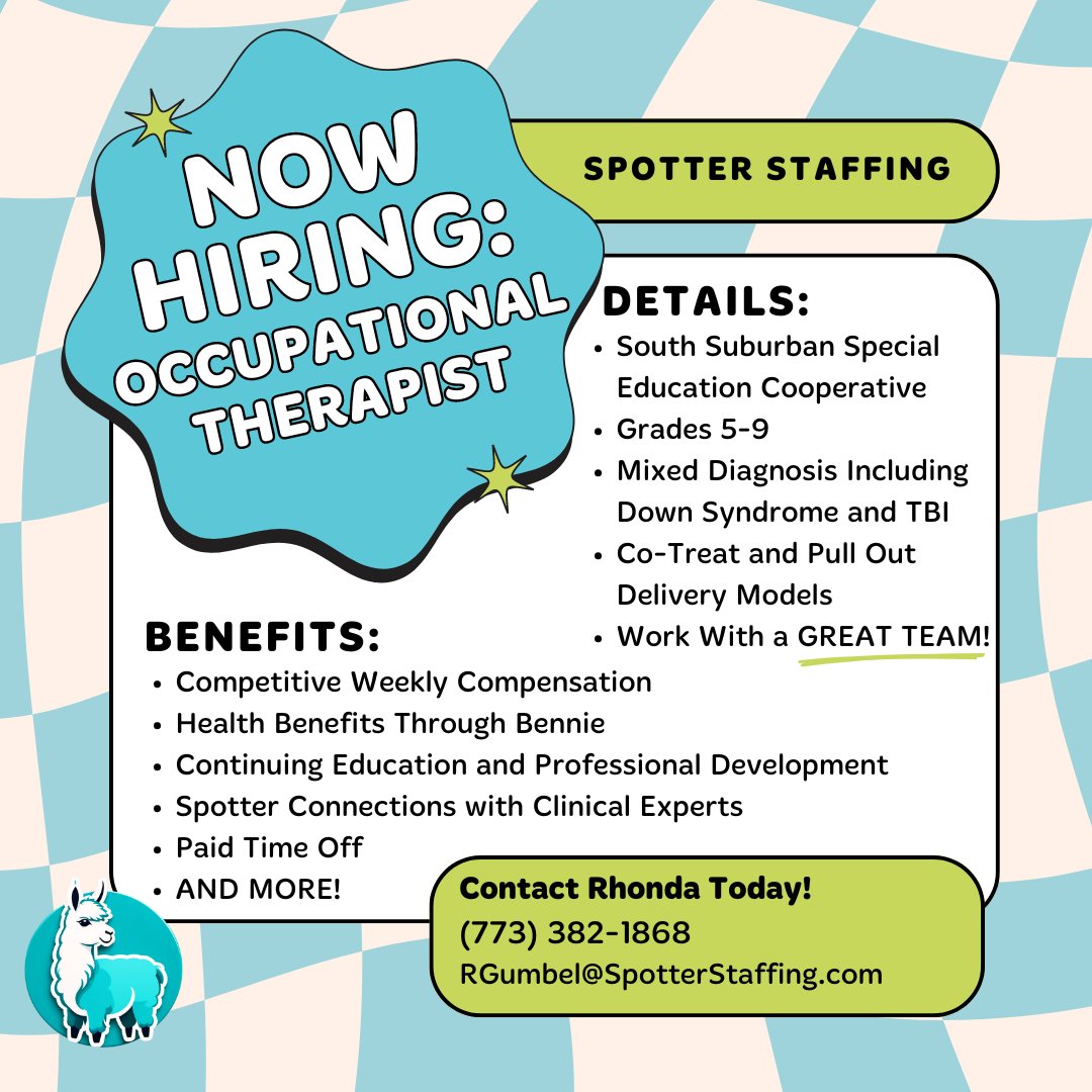 We're hiring an #OccupationalTherapist in the South Suburbs of Chicago, IL!
Hours ⏲️ - 40 hours per week
Pay 💰 - $45/hour and up, depending on experience
Email 📧 - RGumbel@SpotterStaffing.com 
Call ☎️ - (773) 382-1868 
#JoinTheHerd 🦙 #OTJobs #ChicagoOT