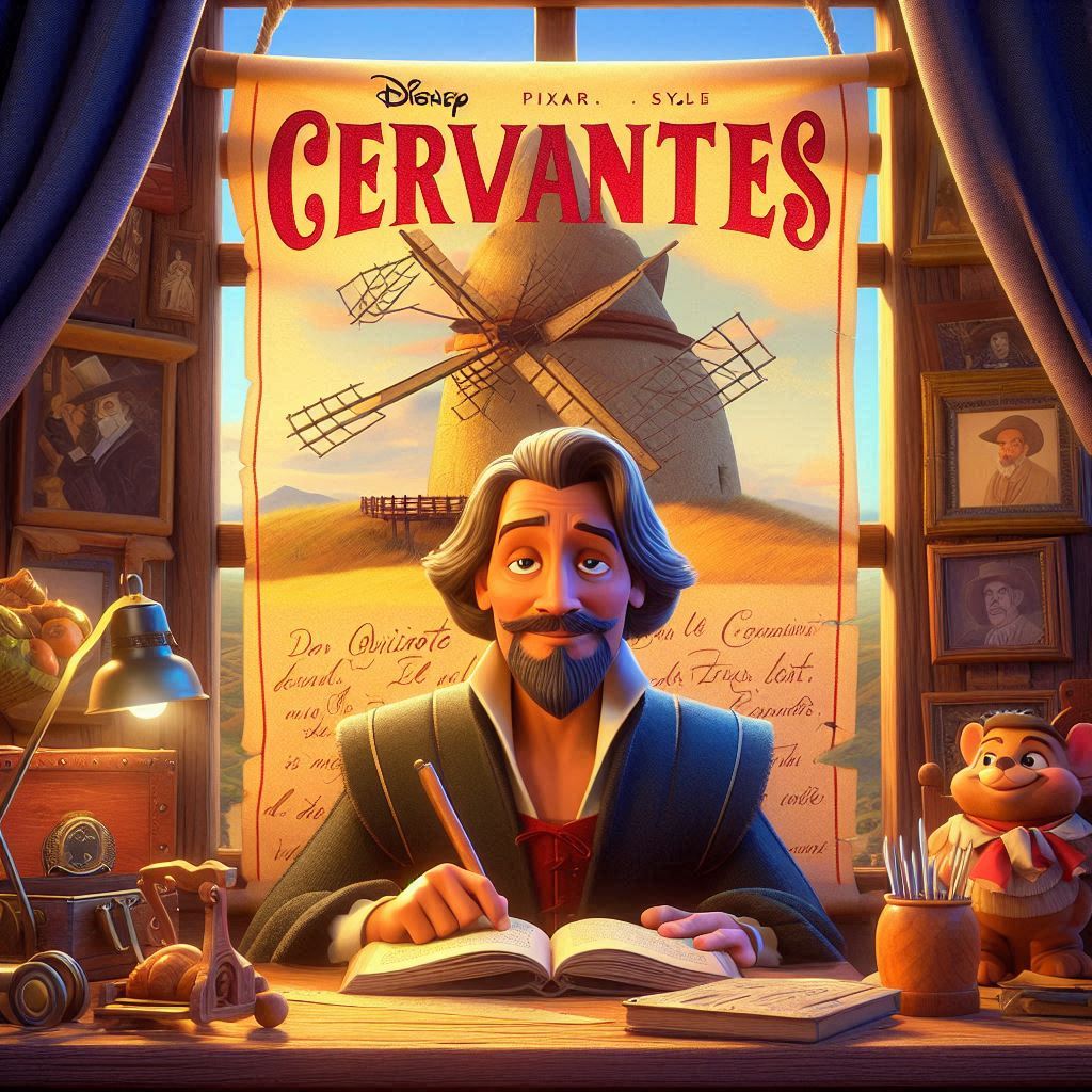 tresbcom's tweet photo. ¿Somos los únicos que queremos ver una #película de #Pixar sobre #Cervantes? Con este diseño creado con #IA celebramos nuestro particular #DíaDelLibro y #SantJordi 🌹. #FelizDíaDelLibro y felices #lecturas 📚. https://t.co/9QxHmnKFey