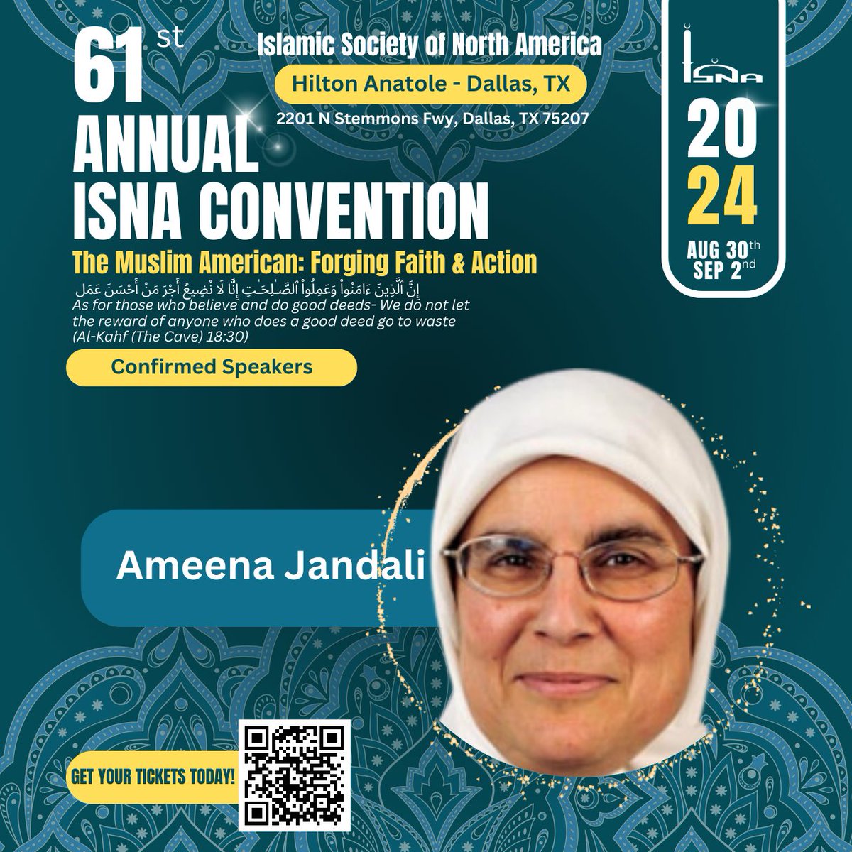 Ameena Jandali is a confirmed speaker for ISNA's 61st Annual Convention in Dallas, TX this year!

Get your tickets at isna.net/convention/

#ISNA61 #ISNAconvention #dallas