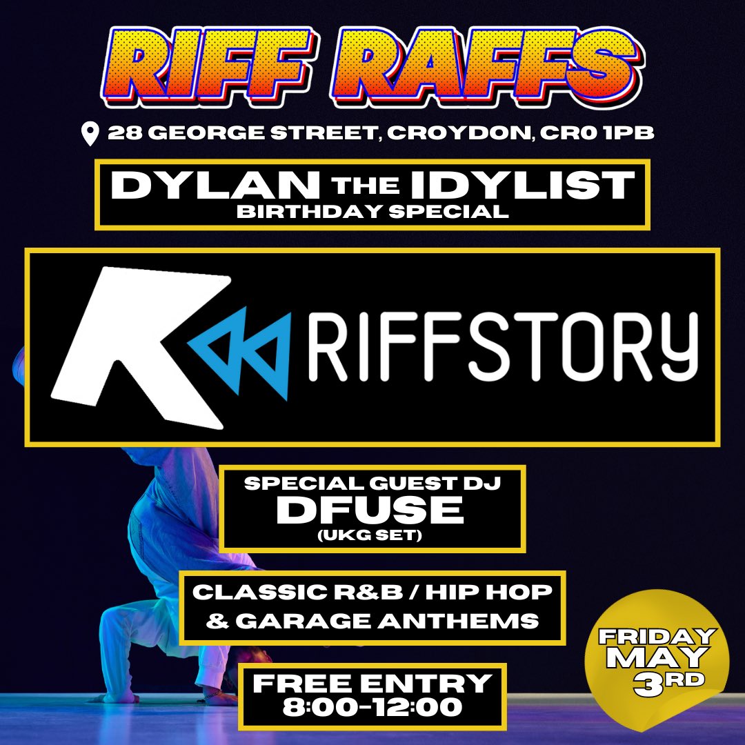 Catch me playing a uk garage set at @riffraffscroydon to celebrate @dylantheidylist birthday at a night called riffstory on Friday 3rd May 2024 between the hours of 20:00 - 00:00 hope to see you there peace ✌🏽