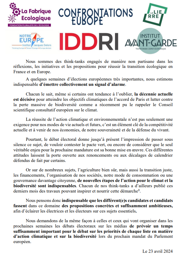 🇪🇺A moins de 2 mois des élections européennes, 
LFE &amp; 5 think tanks lancent un signal d’alarme (🚨) sur la prise en compte des enjeux climatiques et de biodiversité dans la campagne électorale!
<a href="/IDDRI_ThinkTank/">IDDRI</a> <a href="/Confront_Europe/">Confrontations Europe</a> <a href="/Reseau_LeLierre/">Le Lierre ☘️</a> 
<a href="/eco_avant_garde/">Institut Avant-garde</a> <a href="/DelorsInstitute/">Jacques Delors Institute</a>