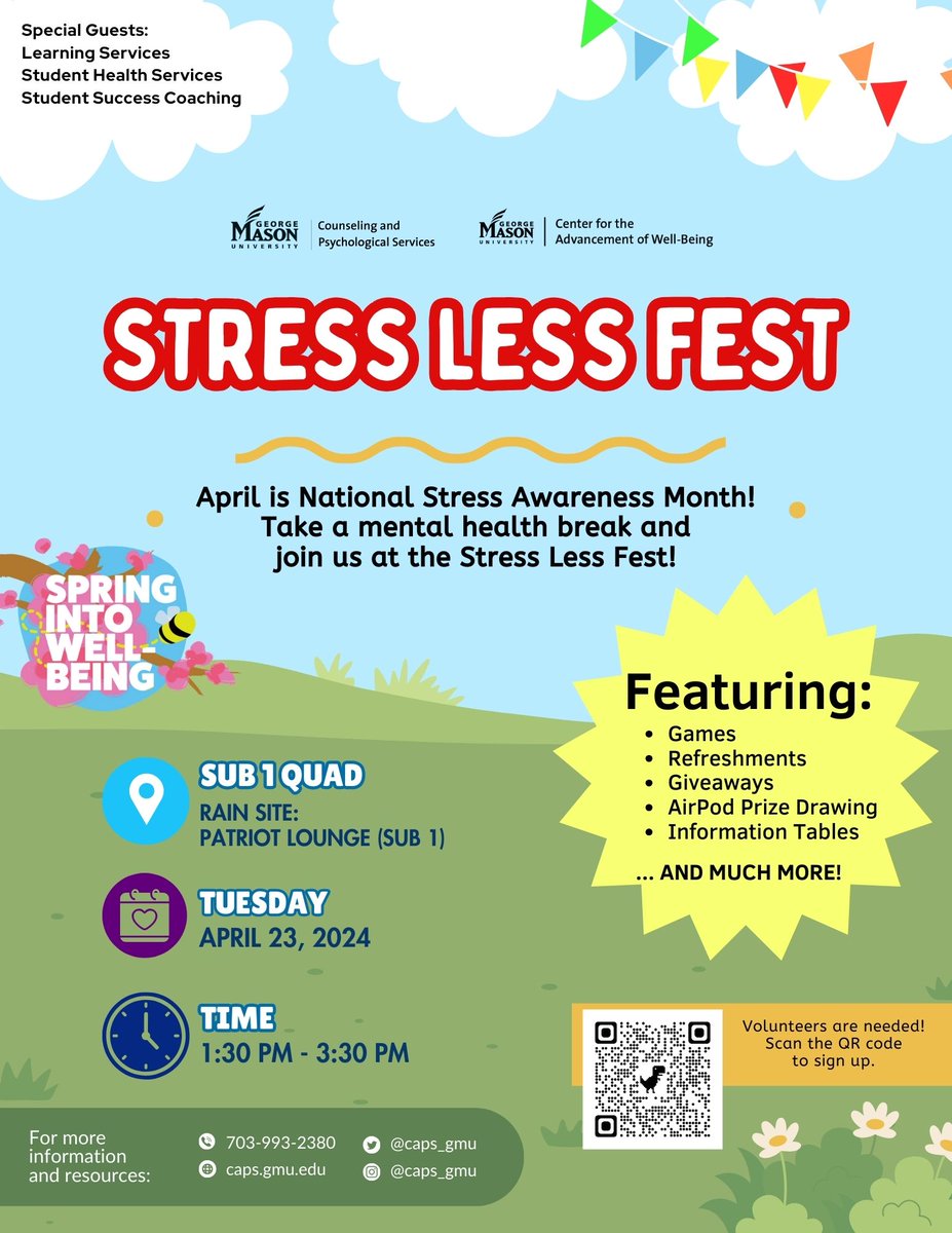 HealthyMason's tweet photo. Take a mental health break at Stress Less Fest today 4/23/24. Stop by SUB 1 Quad between 1:30 - 3:30 for games, refreshments, giveaways and more. #SIWB24 #MasonNation https://t.co/KwFR4PKAvV