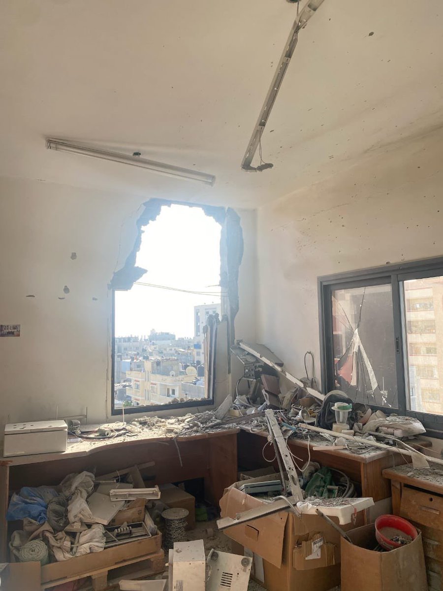 Al Awda Hospital - Nuseirat in #Gaza middle area was reportedly hit yesterday - on the fifth floor and the roof of the administration building.

The attack caused disruption to the solar energy system that supplies the hospital with electricity. Damage to water and fuel tanks was