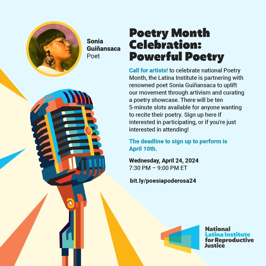This National Poetry Month, we’re thrilled to bring you an event you don’t want to miss. We’ll be featuring renowned poet Sonia Guiñansaca, as well as poets from across the country. This is a beautiful night of art & activism 💫 we hope you’ll join us! act.latinainstitute.org/a/poesiapodero…