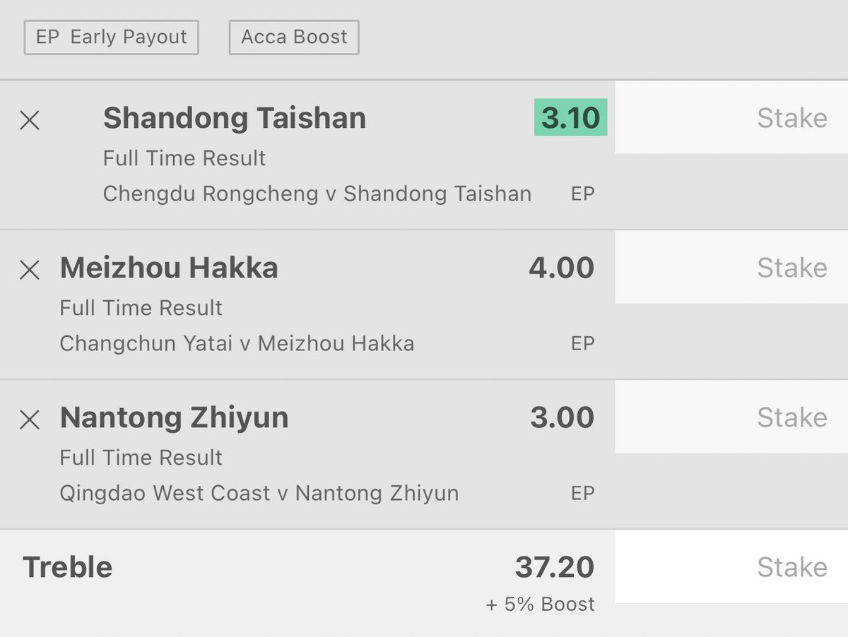 Value Underdogs Treble Stake 0.5u on each Shandong @ 3.10 Hakka @ 4.0 Nantong @ 3.0 0.1u Treble @ 37.20