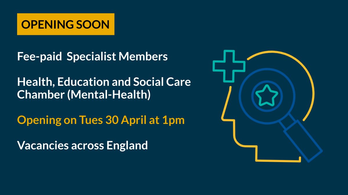 🚨OPENING SOON on Tues 30 April 🚨Fee-paid Specialist Members, First-tier Tribunal, Health, Education & Social Care Chamber (Mental Health). 📢Due to unforeseen circumstances the launch is Tues 30 April at 1pm. We apologise for any inconvenience caused.