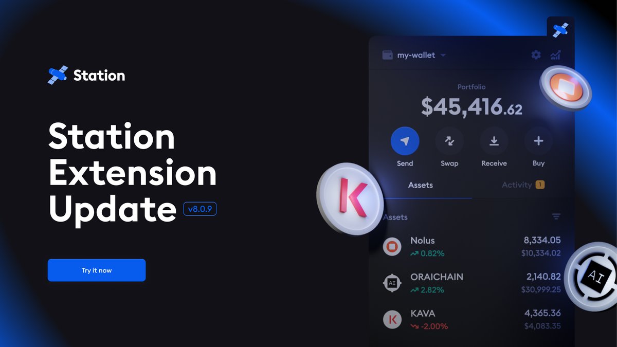 1/ Station Extension v8.0.9 is available!

New features, improved UX, and support for <a href="/NolusProtocol/">Nolus 🔅</a>, <a href="/oraichain/">Oraichain</a>, and <a href="/KAVA_CHAIN/">Kava</a> are now enabled 🛰️

Release notes 🧵 ⤵️