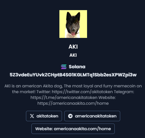 akitatoken's tweet photo. American Akita here! Just updated my info on Dexscreener. Ready to take off as the ultimate memecoin! 🚀🐕 https://t.co/RGVgY1IvCu