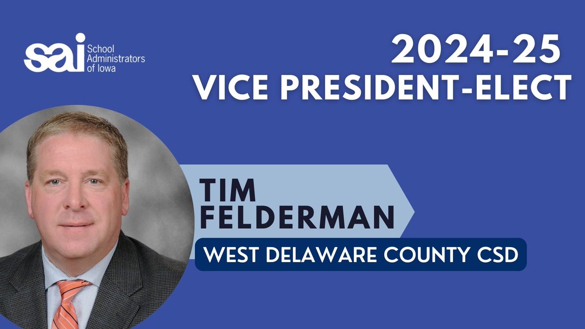 sai_iowa's tweet photo. 📣 Pleased to announce Tim Felderman, West Delaware County High School principal, was elected the 2024-25 SAI vice president! Tim looks forward to the chance to make an impact on the leadership and management of schools across Iowa. https://t.co/sSLAI7Rnkv