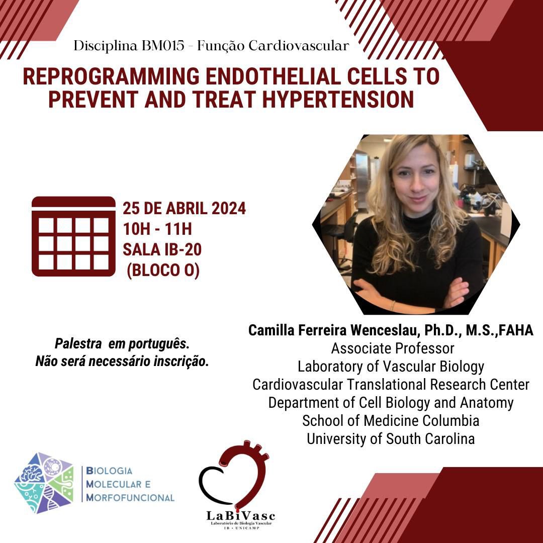 This week LaBiVasc receives a lecture from Dr. Camilla Wenceslau, directly from the University of South Carolina! #Science #women #vascularbiology #cardiovascular