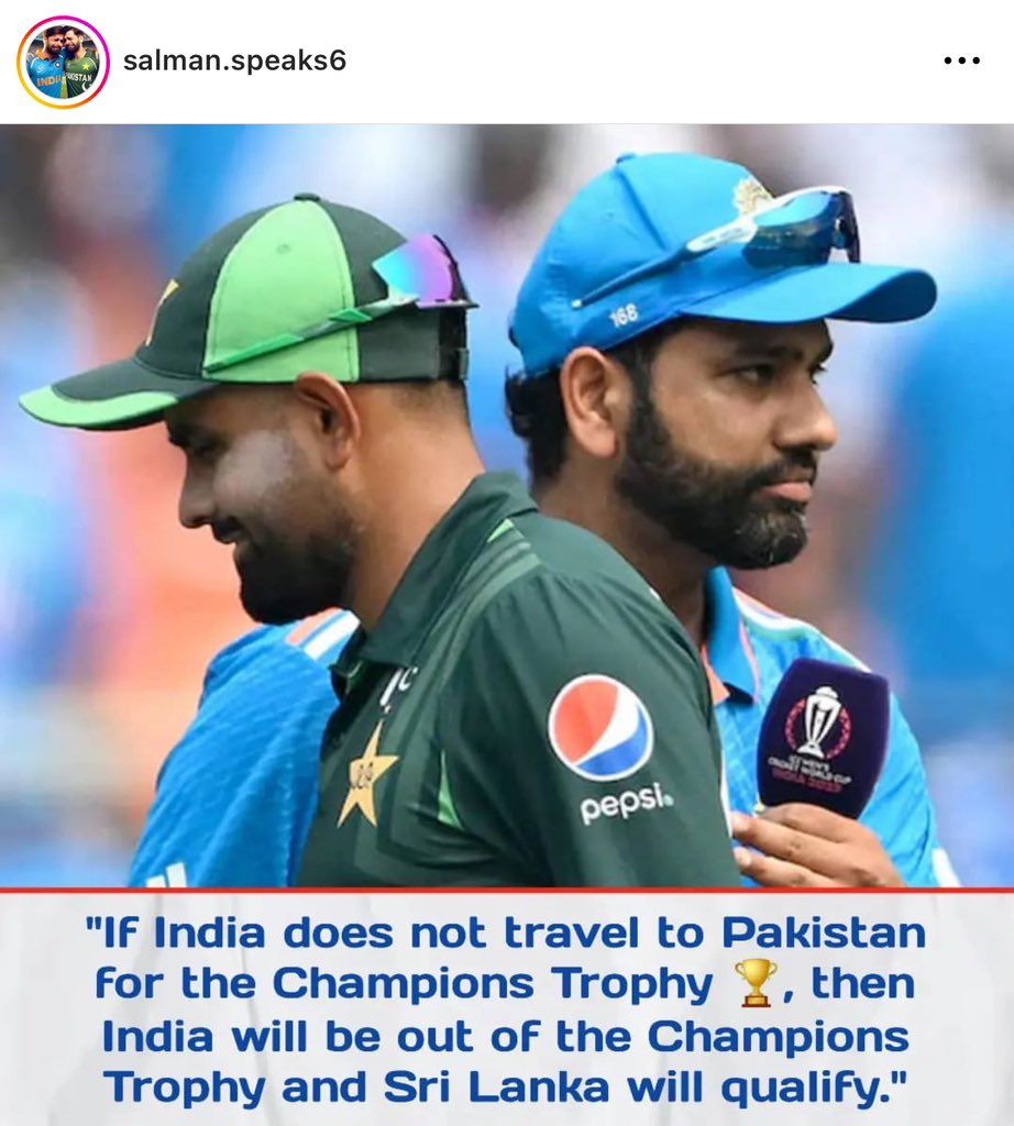 Is it true that if India doesn’t come to Pakistan to play the ICC Champions Trophy 2025 then India will be disqualified and Sri Lanka will play instead of them?

Wow! That’s a quick fix if that’s true. 

Via: Salman Speaks

#CT25 #PAKvsIND #INDvsPAK #PAKvNZ #IPL2024