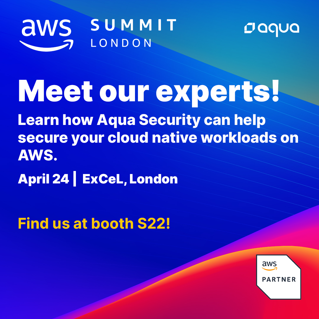 🚀 Attending the @awscloud Summit London?! Stop by booth S22 to connect with the Aqua team. Chat with our cloud native security experts and explore innovative solutions for securing your #AWS workloads. #AWSSummit #CloudSecurity #AWSPartner @AWSEvents