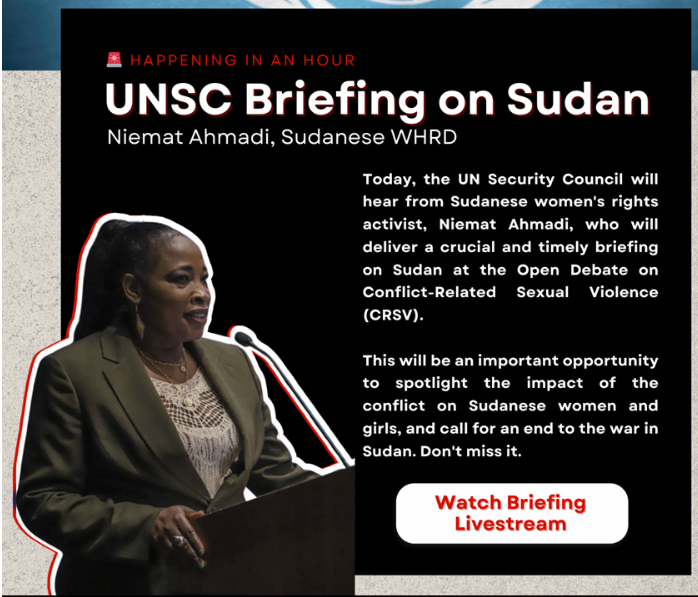 🚨𝐇𝐚𝐩𝐩𝐞𝐧𝐢𝐧𝐠 𝐍𝐨𝐰: UNSC Briefing on Sudan ! Sudanese women's rights activist, @niemata will be briefing the #UNSC on #Sudan at the open debate on Conflict-Related Sexual Violence (CRSV). 👉Join briefing: crisisaction.cmail20.com/t/j-l-glyduty-… #Yesto1325 #KeepEyesOnSudan