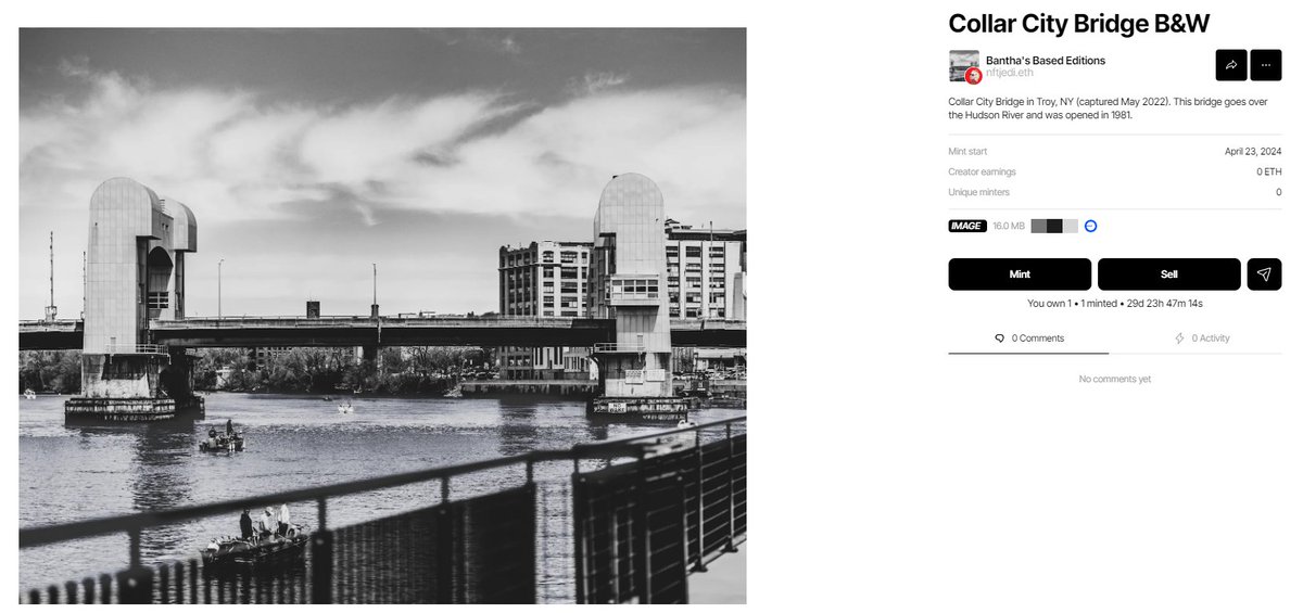 Felt minty so I just dropped a free edition on Zora. 'Collar City Bridge B&W' Shot this back in May 2022.