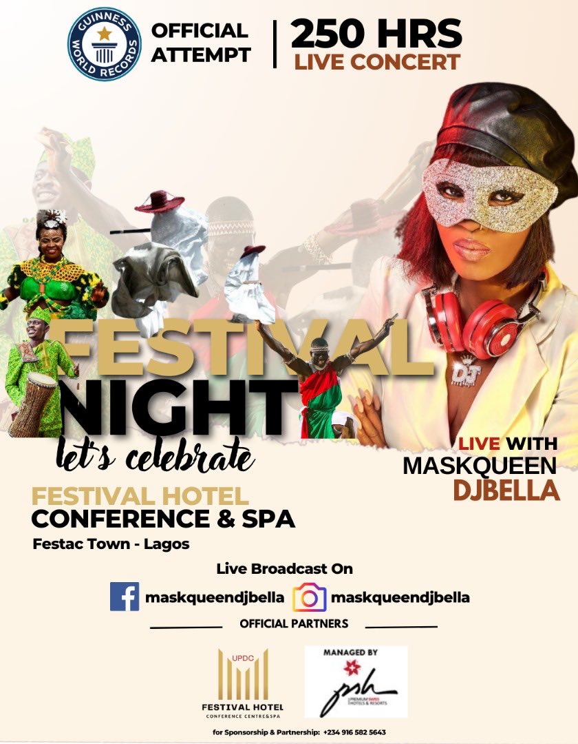 maskqueendjbela's tweet photo. Let’s celebrate MaskqueenDjbella as approaches 120 hours already in 117 hour and still counting 💪💪
#250hours 
#MarathonconcertinNigeria 
#djliveconcert 
#officialattempt
#guinessworldrecords
#maskqueengwr
#festivalhotellagos
#premiumswisshospitality
#abevents https://t.co/GjXI3EMPzA