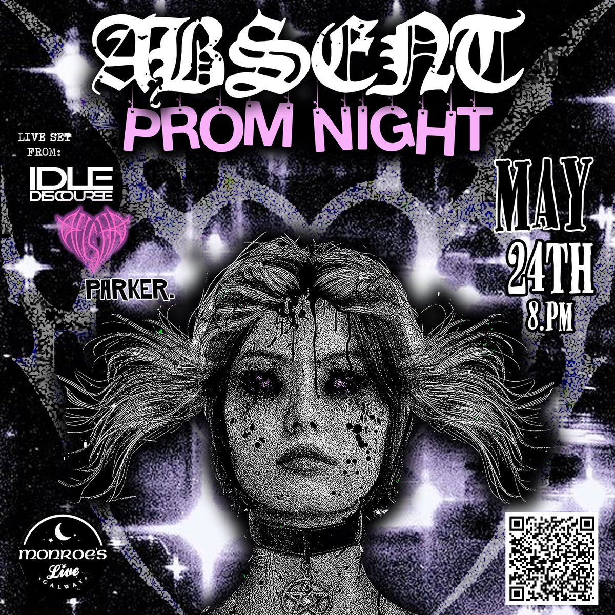 ❕GALWAY GAEILGOTHS❕ excited to play this alt prom night with my friends Idle Discourse and Parker at @ABSENTGALWAY on 24th May 🕸️ the boiz and I can’t wait to get our prom gear on and scream @MonroesLive down ✨ tickets: rb.gy/i69914 🎟️