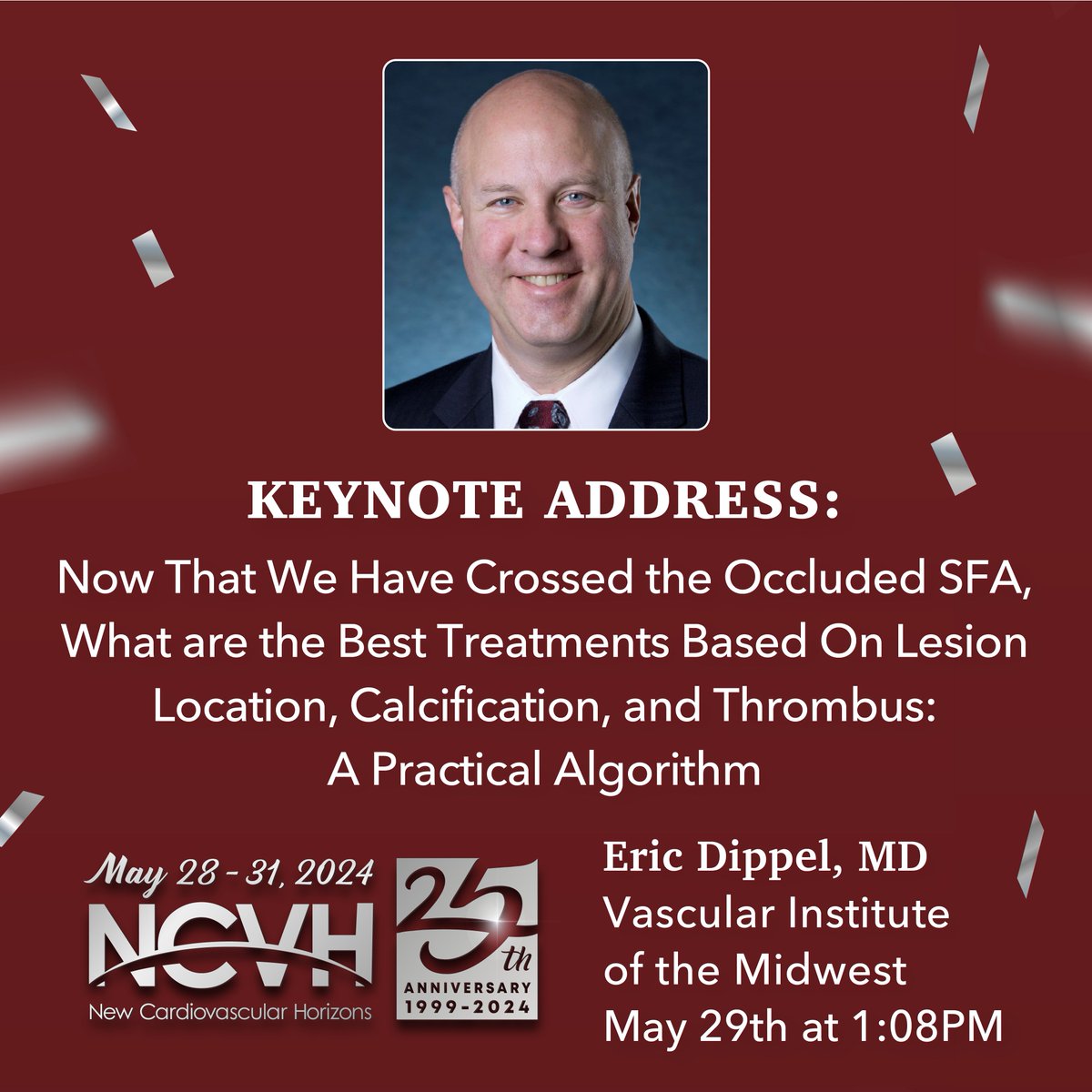 NCVHonline's tweet photo. We welcome Dr. Eric Dippel with Vascular Institute of the Midwest for this keynote on the best treatments after crossing an occluded SFA. Sign up for the conference today at https://t.co/cCEMe3ErY3. #ncvh2024 #25yearsofncvh https://t.co/wBFXggaO8h